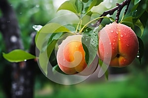 Fresh peaches with rain drops of water. Natural Fruit growing on a tree in the summer. Garden with ripened fruits. Delicious and