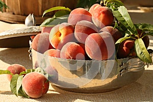 Fresh peaches in silver bowl