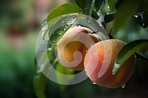 Fresh peaches wih drops of water. Natural Fruit growing on a tree in the summer. Garden with ripened fruits. Delicious and healthy