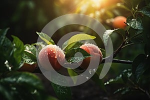 Fresh peaches wih drops of water. Natural Fruit growing on a tree in the summer. Garden with ripened fruits on sunset light.