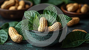 Fresh peanuts in a bowl with leaves