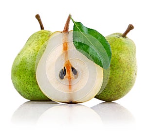 Fresh pear fruits with cut and green leaves