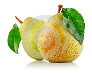 Fresh pear fruits with green leaf
