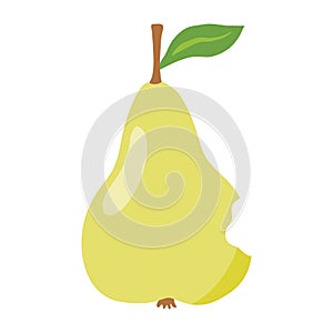 Fresh pear with leaf, nibbled from one side by caterpillar or insect, vector