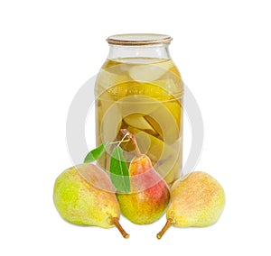 Fresh pears Bartlett and canned pears in glass jar