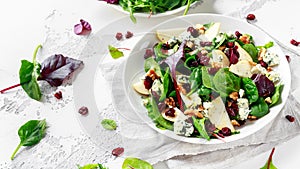 Fresh Pears, Blue Cheese salad with vegetable green mix, walnuts, cranberry. healthy food