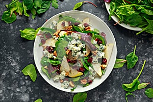 Fresh Pears, Blue Cheese salad with vegetable green mix, walnuts, cranberry. healthy food