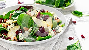 Fresh Pears, Blue Cheese salad with vegetable green mix, walnuts, cranberry. healthy food