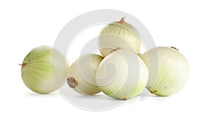 Fresh peeled onion bulbs on white