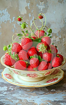 Fresh Picked Strawberries in a Vintage Porcelain Bowl with Floral Design