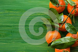 Fresh picked tangerine clementines on wooden green table.