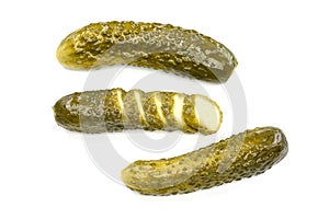 Fresh pickled or fermented cucumbers isolated on white background. Home preservation