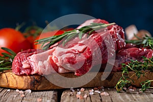 Fresh piece of beef steak with rosemary on the background of the ingredients.Recipe book, dishes with meat .Advertising butcher