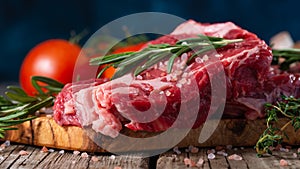 Fresh piece of beef steak with rosemary on the background of the ingredients.Recipe book, dishes with meat .Advertising butcher