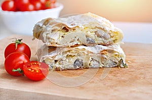 Fresh piece of savory strudel stuffed with chicken meat and mushrooms s