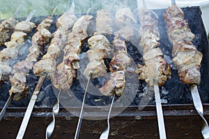 Fresh pieces of meat skewered and grilled