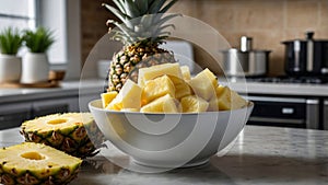 Fresh Pineapple Chunks in a Bowl on a Kitchen Counter