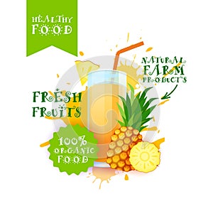 Fresh Pineapple Juice Logo Natural Food Farm Products Label Over Paint Splash Background