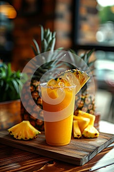 Fresh pineapple juice and pineapple slices on wooden table