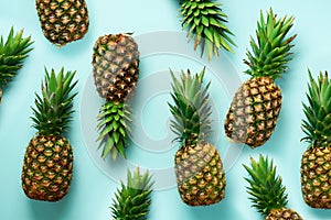 Fresh pineapples on blue background. Top View. Pop art design, creative concept. Copy Space. Bright pineapple pattern