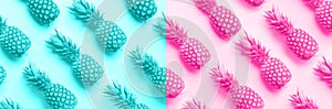 Fresh pineapples on trendy neon pink and blue color background. Top View. Pop art design, creative concept. Copy Space. Bright