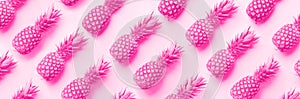 Fresh pineapples on trendy neon pink color background. Top View. Pop art design, creative concept. Copy Space. Bright pineapple