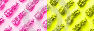 Fresh pineapples on trendy neon pink and yellow color background. Top View. Pop art design, creative concept. Copy Space. Bright