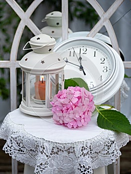 Fresh pink hortensia shabby chic still life.