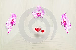 Fresh pink orchid on vintage gray wooden wall in 3D with two small red hearts