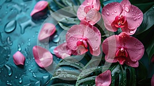 Fresh Pink Orchids with Dew Drops on Teal Background.