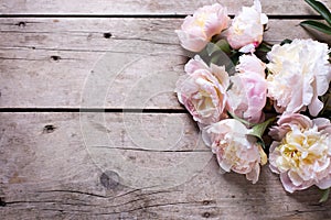 Fresh pink peonies flowers on vintage wooden background. Flat la