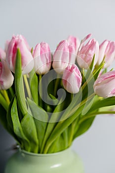 Fresh pink tulip flowers bouquet on shelf in front of stone wall. View with copy space