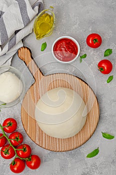 Fresh pizza dough with tomato sauce, mozzarella, tomatoes and basil leaves on a gray concrete background. Italian cuisine.