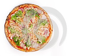 Fresh pizza with ham, bacon, green salad and cheese isolated on white background. Copyspace. Top view