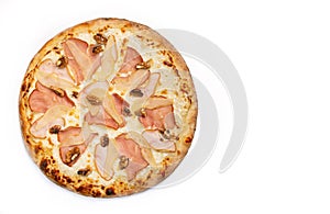 Fresh pizza with ham, pears, Walnut and cheese isolated on white background. Copyspace. Top view