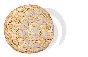 Fresh pizza with ham, pineapple, corn, sause, and cheese isolated on white background. Copyspace. Top view