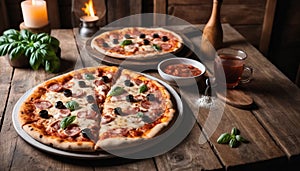 Fresh Pizza on Rustic Restaurant Table