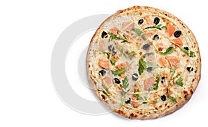 Fresh pizza with Salmon, olives, gravy and cheese isolated on white background. Copyspace left. Top view