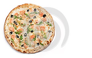 Fresh pizza with Salmon, olives, gravy and cheese isolated on white background. Copyspace right. Top view