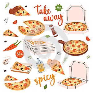 Fresh pizza set. Traditional italian pizza. Restaurant cafe menu. Italian cuisine, traditional food. Vector illustration