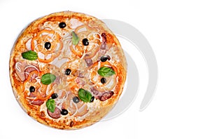 Fresh pizza with sweet red pepper, ham, salami, olives and cheese isolated on white background. Copyspace. Top view