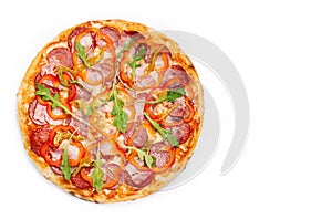 Fresh pizza with sweet red and pickled pepper, ham, salami and cheese isolated on white background. Copyspace. Top view