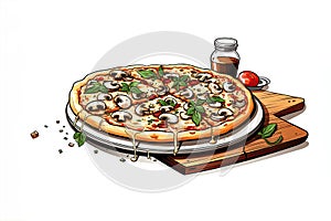 Fresh pizza with tomato, mushroom, cheese, olive, sausage, onion, basil.