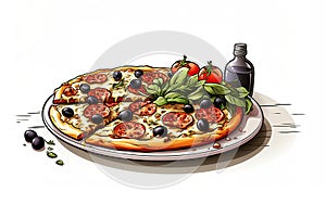 Fresh pizza with tomato, mushroom, cheese, olive, sausage, onion, basil.