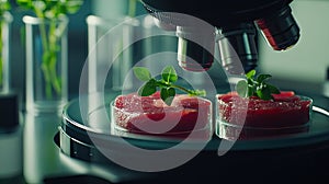 Microscope Examining Fresh Meat Samples.Generative AI