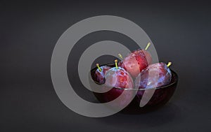 Fresh plum. Autumn harvest. Ripe purple plums in glass bowl on dark background. Concept: seasonal fruits, healthy food. Close up.