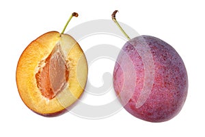 fresh plum fruit with cut plum slices isolated on white background. top view