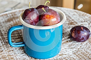 Fresh Plums in a blue mug