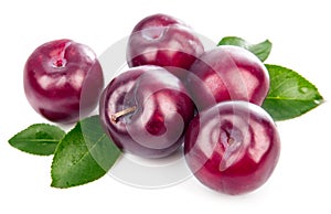 Fresh plums with green leaves still life