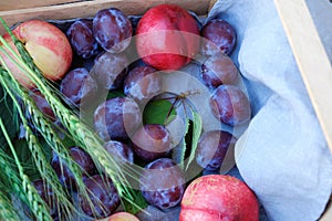 Fresh plums and peaches in a wooden box